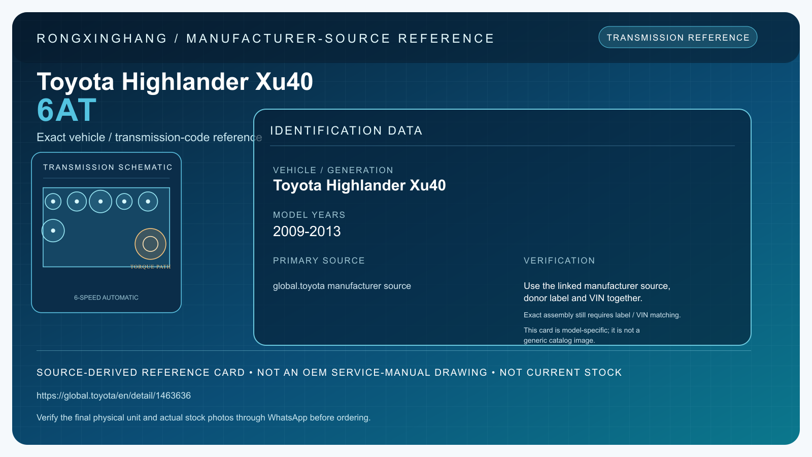 Toyota Highlander Xu40 6AT model-specific manufacturer-source reference card — not an OEM drawing or current stock