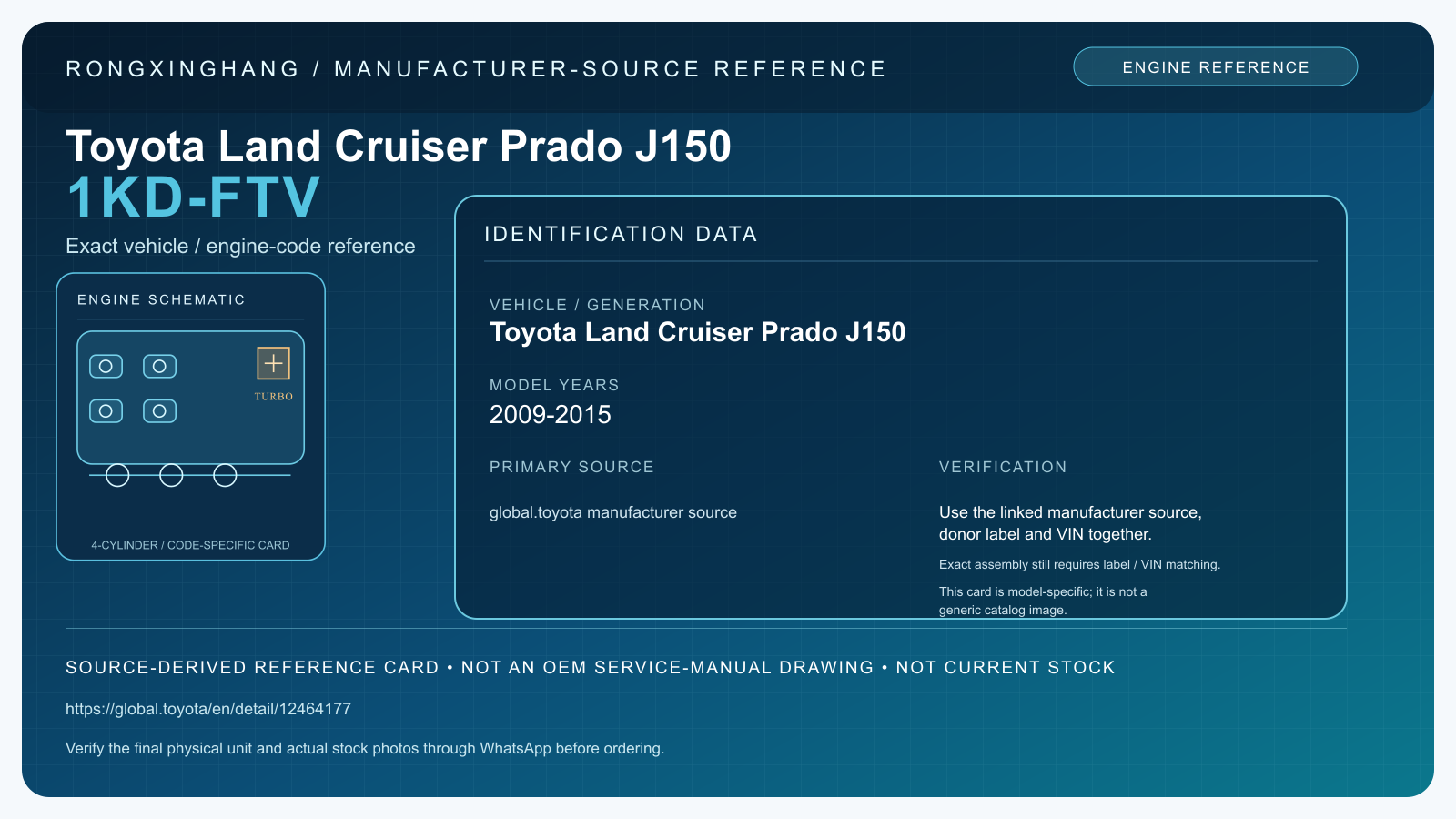 Toyota Land Cruiser Prado J150 1KD-FTV model-specific manufacturer-source reference card — not an OEM drawing or current stock