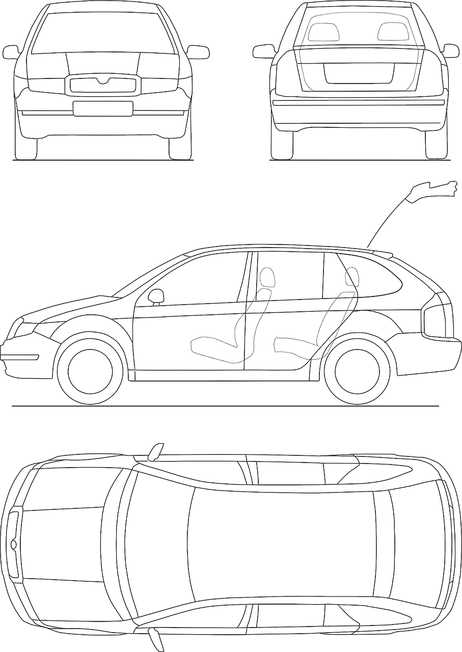 Automotive body-part identification aid — technical car blueprint, not an exact vehicle trim or current stock