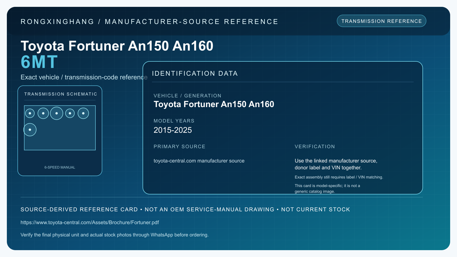 Toyota Fortuner An150 An160 6MT model-specific manufacturer-source reference card — not an OEM drawing or current stock