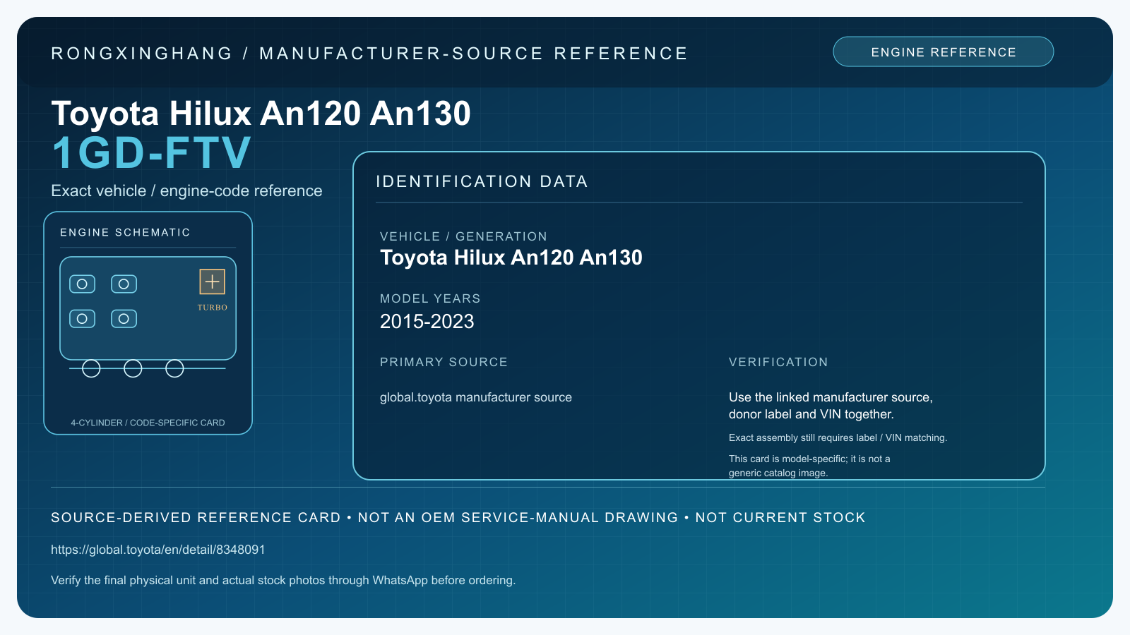 Toyota Hilux An120 An130 1GD-FTV model-specific manufacturer-source reference card — not an OEM drawing or current stock