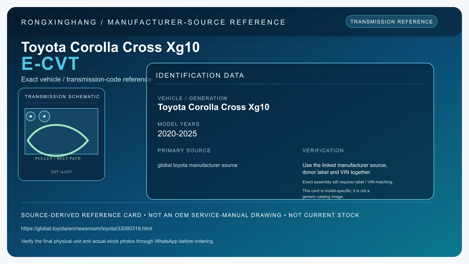 Toyota Corolla Cross Xg10 E-CVT model-specific manufacturer-source reference card — not an OEM drawing or current stock