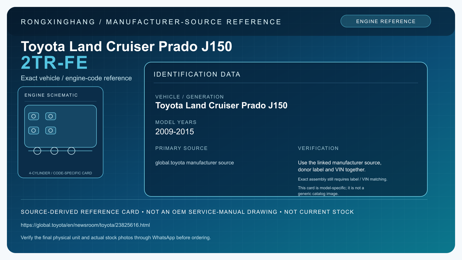 Toyota Land Cruiser Prado J150 2TR-FE model-specific manufacturer-source reference card — not an OEM drawing or current stock