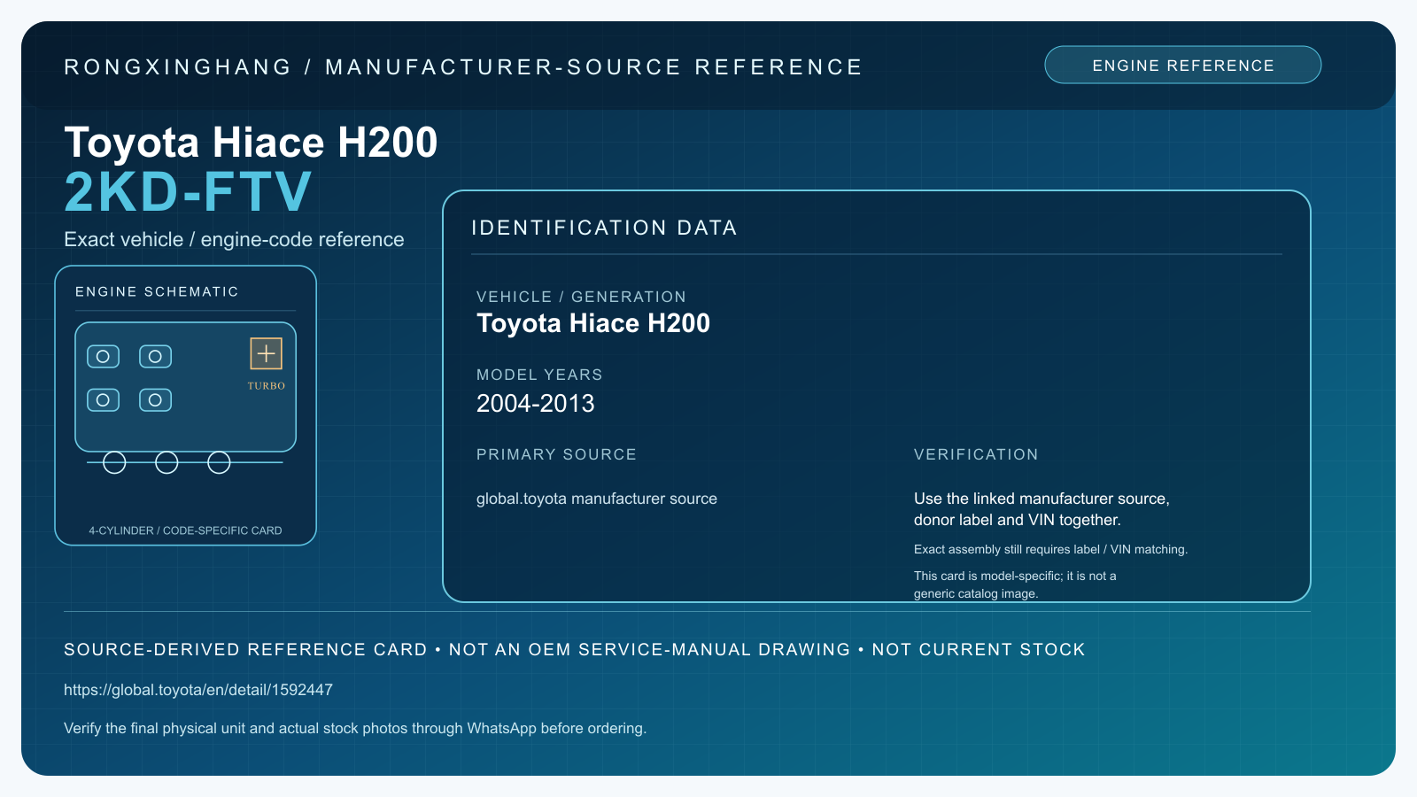 Toyota Hiace H200 2KD-FTV model-specific manufacturer-source reference card — not an OEM drawing or current stock