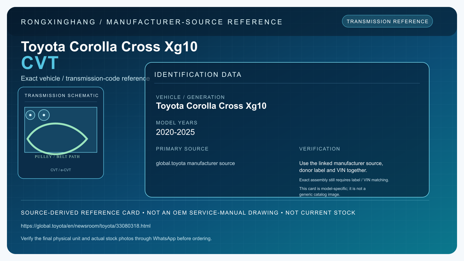 Toyota Corolla Cross Xg10 CVT model-specific manufacturer-source reference card — not an OEM drawing or current stock