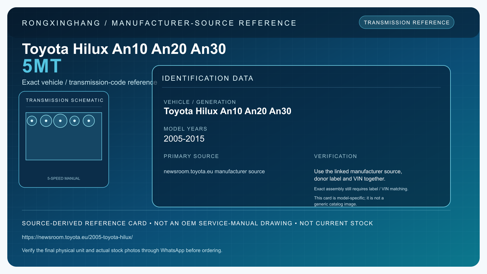 Toyota Hilux An10 An20 An30 5MT model-specific manufacturer-source reference card — not an OEM drawing or current stock