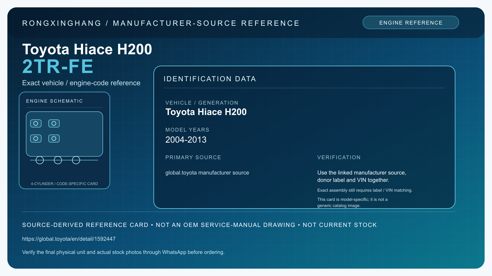 Toyota Hiace H200 2TR-FE model-specific manufacturer-source reference card — not an OEM drawing or current stock