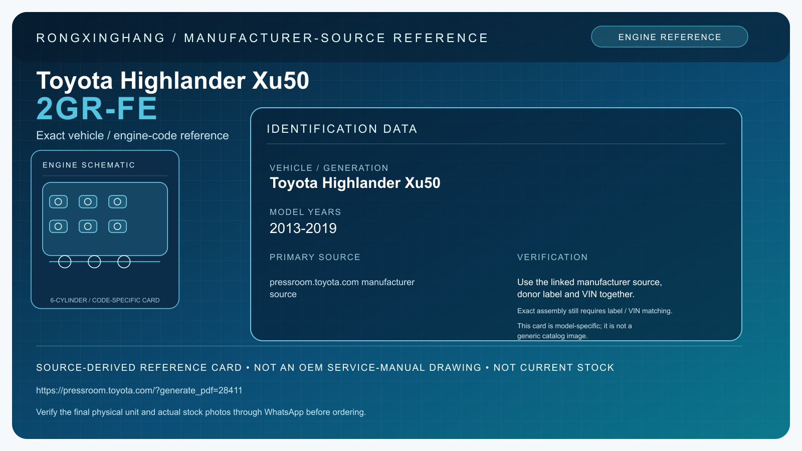 Toyota Highlander Xu50 2GR-FE model-specific manufacturer-source reference card — not an OEM drawing or current stock