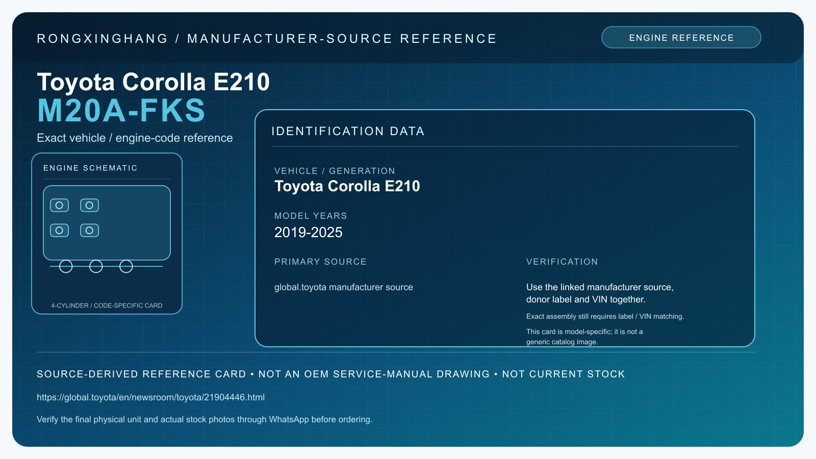 Toyota Corolla E210 M20A-FKS model-specific manufacturer-source reference card — not an OEM drawing or current stock
