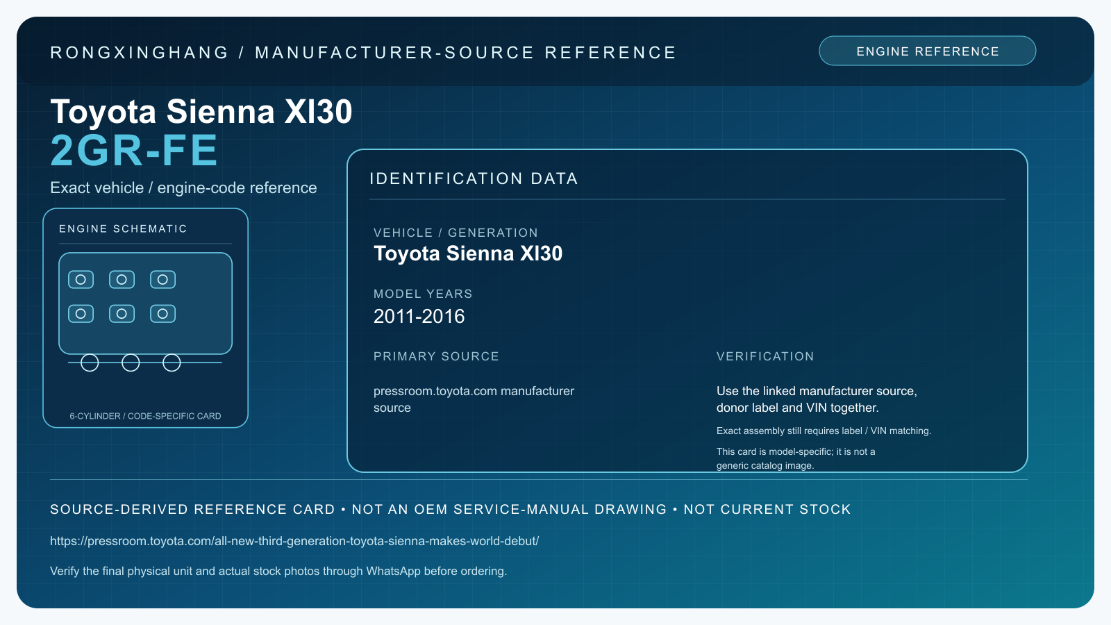 Toyota Sienna Xl30 2GR-FE model-specific manufacturer-source reference card — not an OEM drawing or current stock
