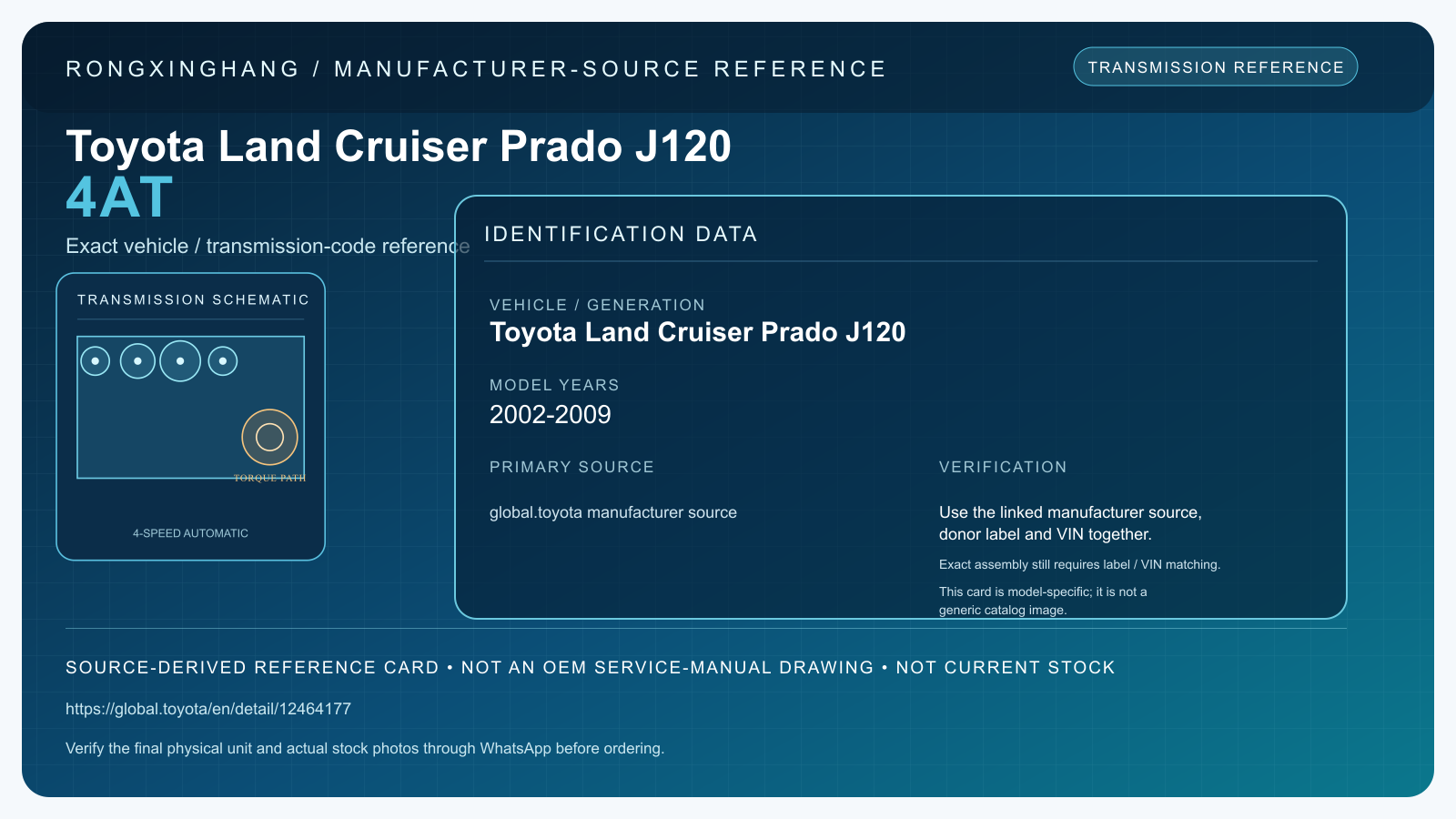 Toyota Land Cruiser Prado J120 4AT model-specific manufacturer-source reference card — not an OEM drawing or current stock