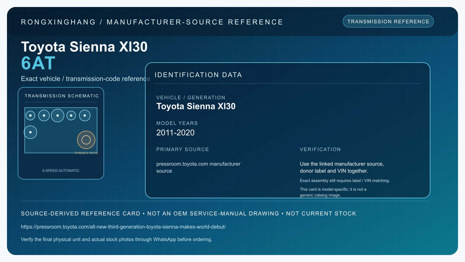 Toyota Sienna Xl30 6AT model-specific manufacturer-source reference card — not an OEM drawing or current stock