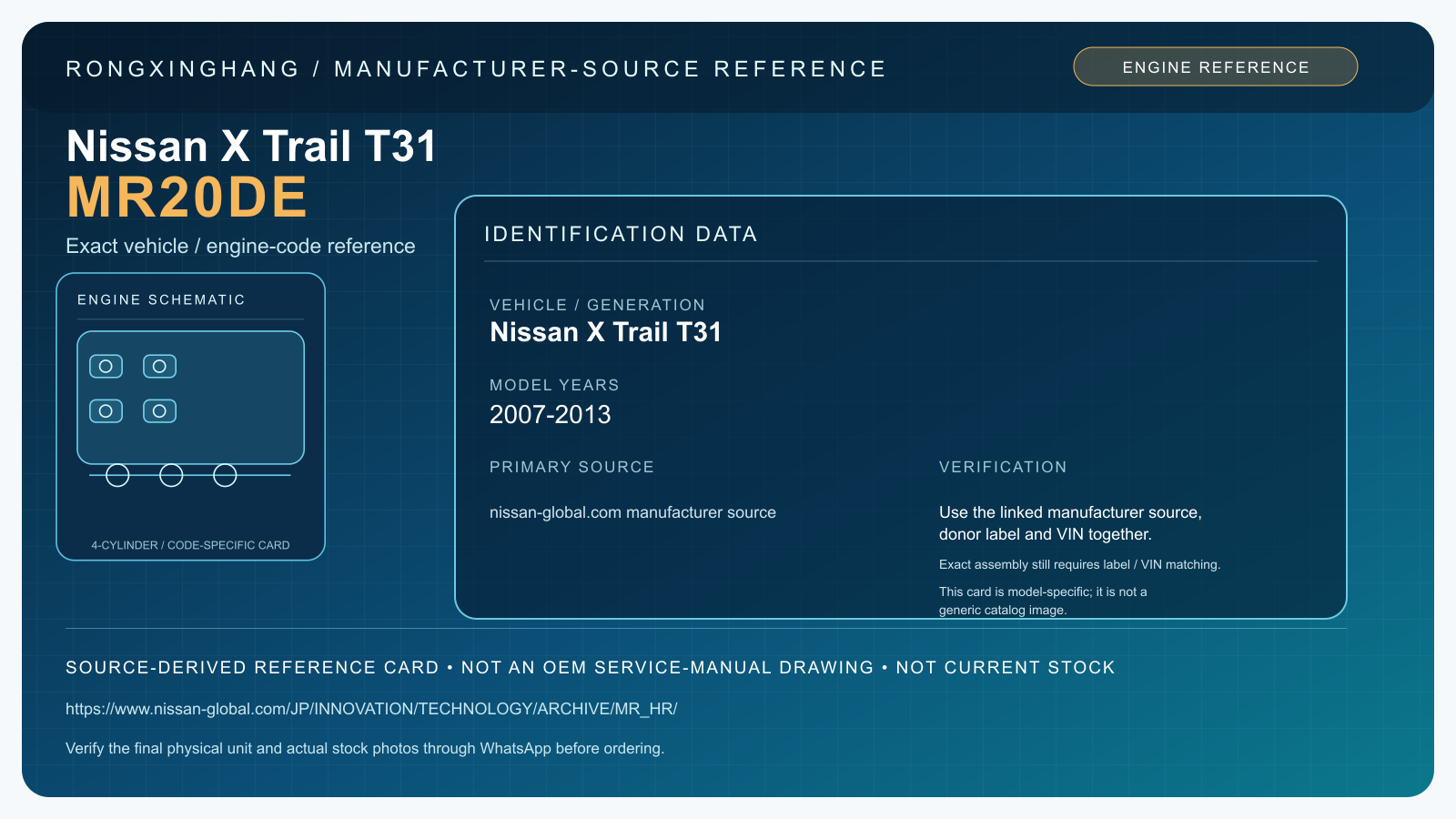 Nissan X Trail T31 MR20DE model-specific manufacturer-source reference card — not an OEM drawing or current stock