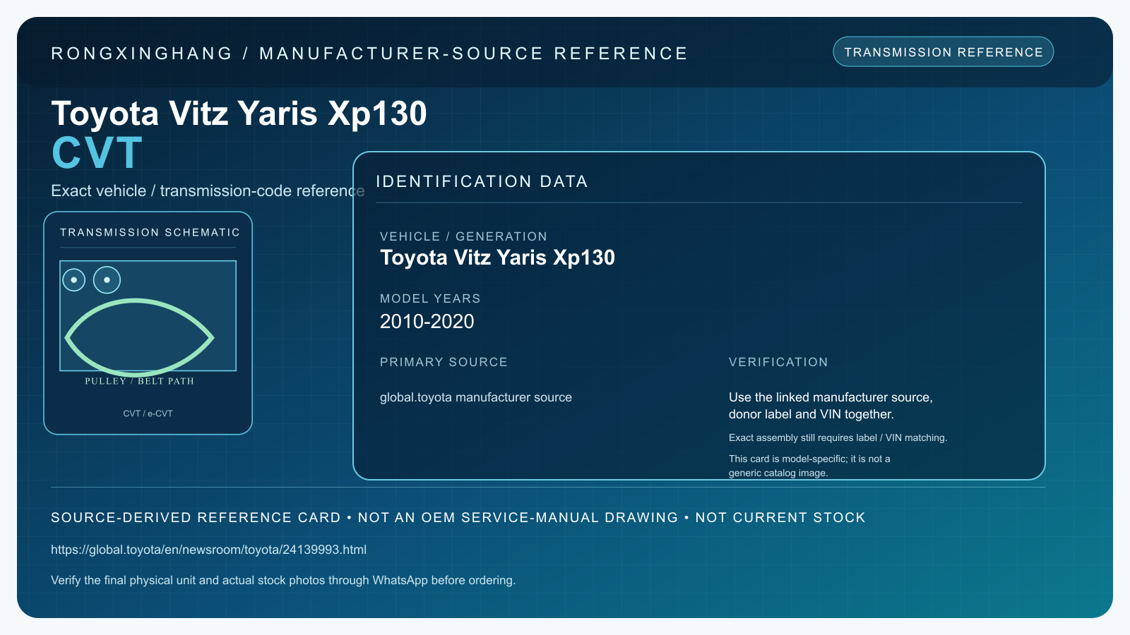 Toyota Vitz Yaris Xp130 CVT model-specific manufacturer-source reference card — not an OEM drawing or current stock