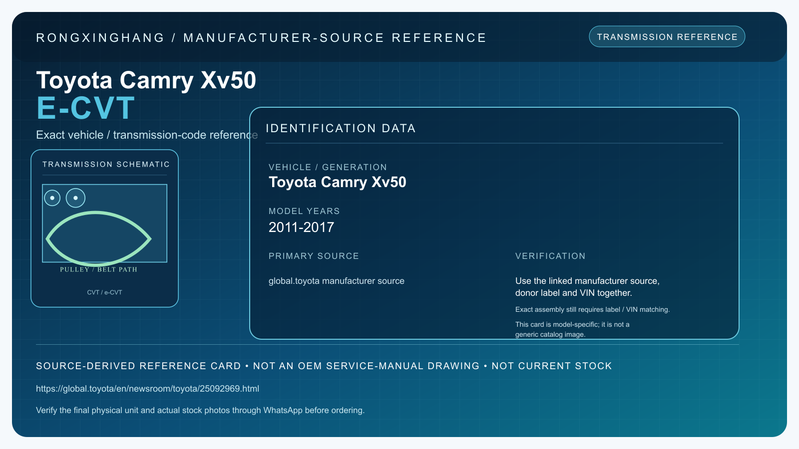 Toyota Camry Xv50 E-CVT model-specific manufacturer-source reference card — not an OEM drawing or current stock
