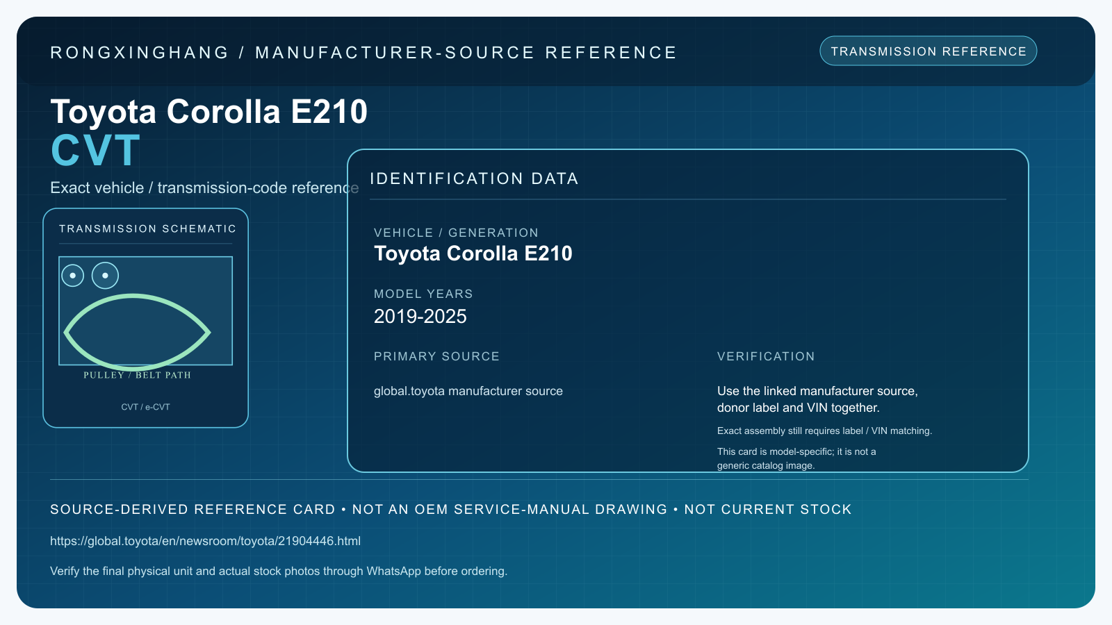 Toyota Corolla E210 CVT model-specific manufacturer-source reference card — not an OEM drawing or current stock