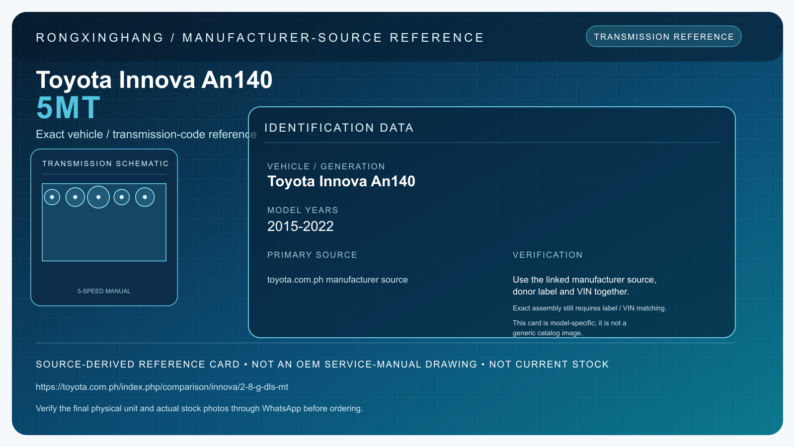 Toyota Innova An140 5MT model-specific manufacturer-source reference card — not an OEM drawing or current stock