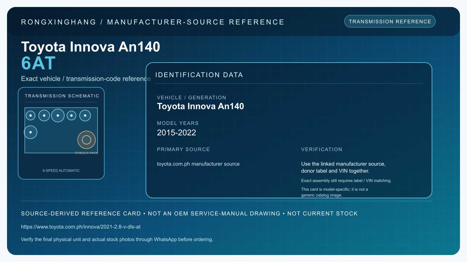 Toyota Innova An140 6AT model-specific manufacturer-source reference card — not an OEM drawing or current stock