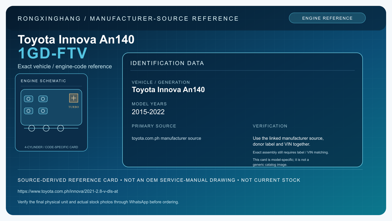 Toyota Innova An140 1GD-FTV model-specific manufacturer-source reference card — not an OEM drawing or current stock
