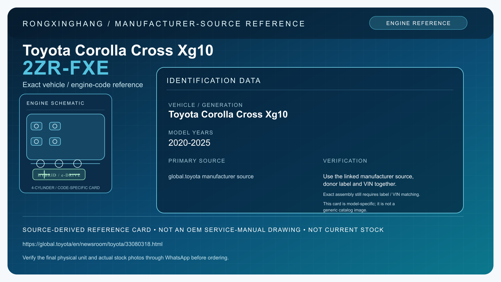 Toyota Corolla Cross Xg10 2ZR-FXE model-specific manufacturer-source reference card — not an OEM drawing or current stock