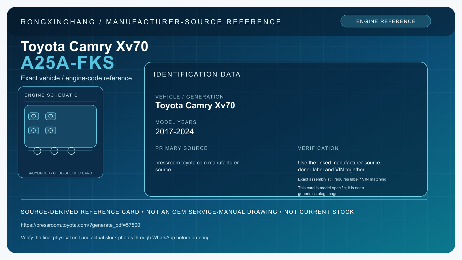 Toyota Camry Xv70 A25A-FKS model-specific manufacturer-source reference card — not an OEM drawing or current stock